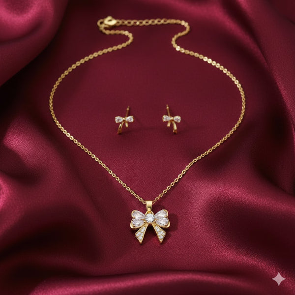 Gold Plated Bow Pendant Necklace and Earrings Set for Women | Elegant Daily Wear Fashion Jewellery