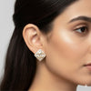 Gold Plated Square Stud Earrings with Crystal Border for Women