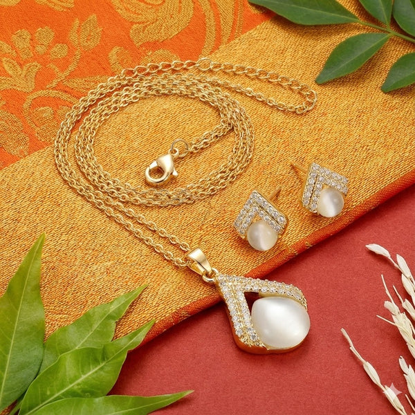 Gold Plated White Stone Pendant Necklace & Earrings Set for Women | Premium Party & Daily Wear Fashion Jewellery