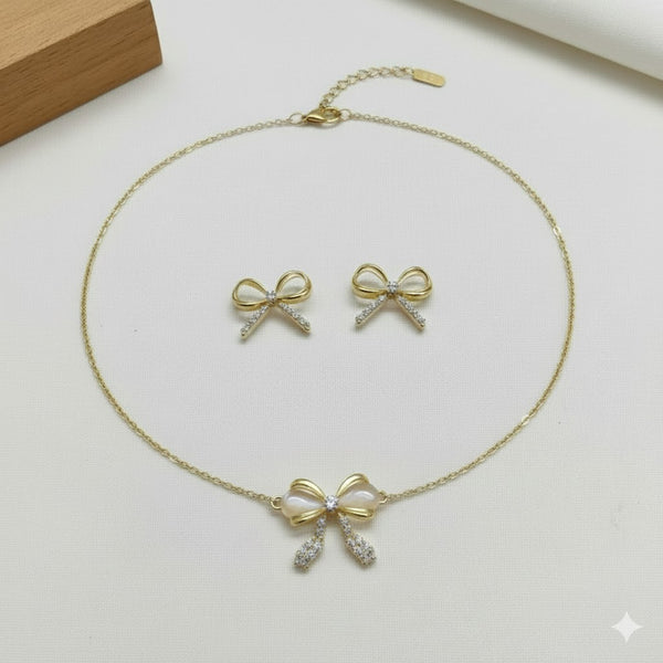 Gold Plated Bow Pendant Necklace & Earrings Set for Women | Cute Elegant Fashion Jewellery