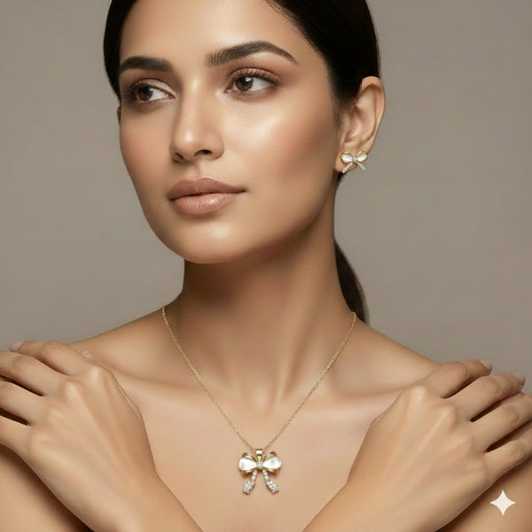 Gold Plated Bow Pendant Necklace & Earrings Set for Women | Cute Elegant Fashion Jewellery