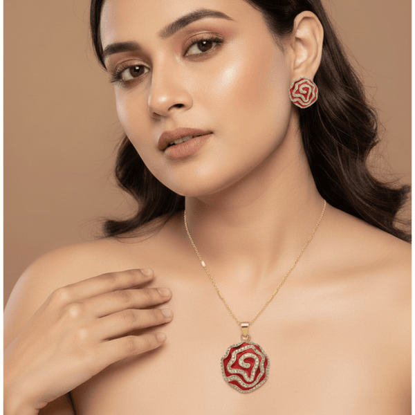 Gold Plated Red Enamel Swirl Pendant Necklace Set for Women | Elegant Party Wear Fashion Jewellery
