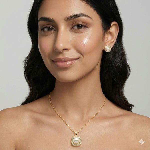 Gold Plated Pearl Pendant Necklace & Stud Earrings Set for Women | Elegant Party & Daily Wear Jewellery