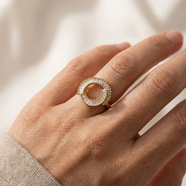 Gold Plated Open Halo Ring with Baguette CZ Stones for Women