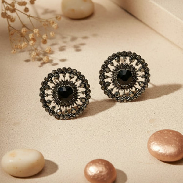 Antique Silver Black Stone Stud Earrings for Women