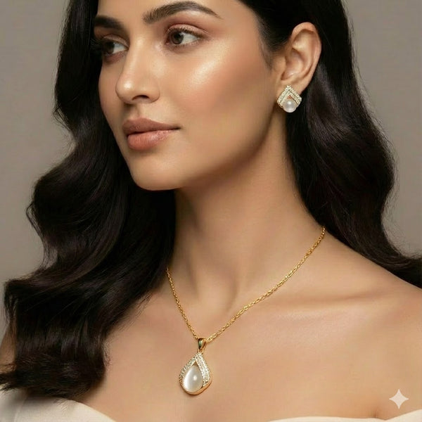 Gold Plated White Stone Pendant Necklace & Earrings Set for Women | Premium Party & Daily Wear Fashion Jewellery