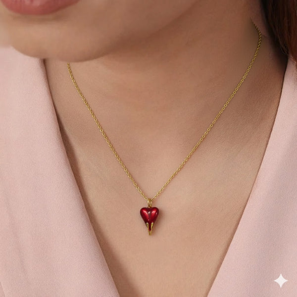 Gold Plated Red Enamel Drip Heart Pendant Necklace for Women & Girls | Cute Trendy Daily Wear Jewellery