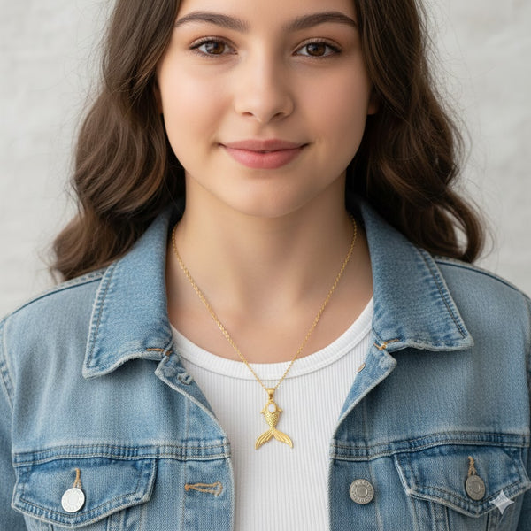 Gold Plated Fish & Mermaid Tail Pendant Necklace with Pearl Accent | Elegant Daily Wear Jewellery for Women & Girls
