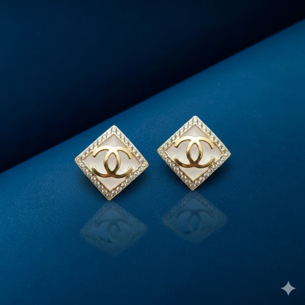 Gold Plated Square Stud Earrings with Crystal Border for Women
