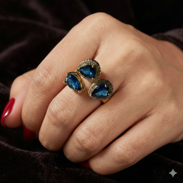 Gold Plated Triple Teardrop Ring with Blue Stones for Women