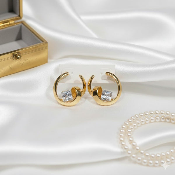 Gold Plated Spiral Hoop Stud Earrings with Crystal Stones for Women