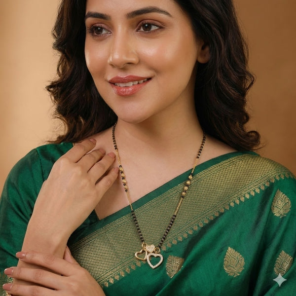 Gold Plated Black Bead Heart Charm Mangalsutra for Women | Elegant Daily Wear Fashion Jewellery