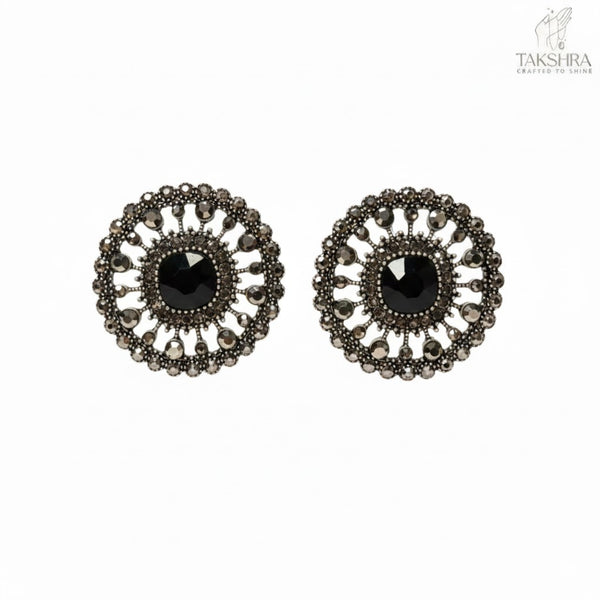 Antique Silver Black Stone Stud Earrings for Women