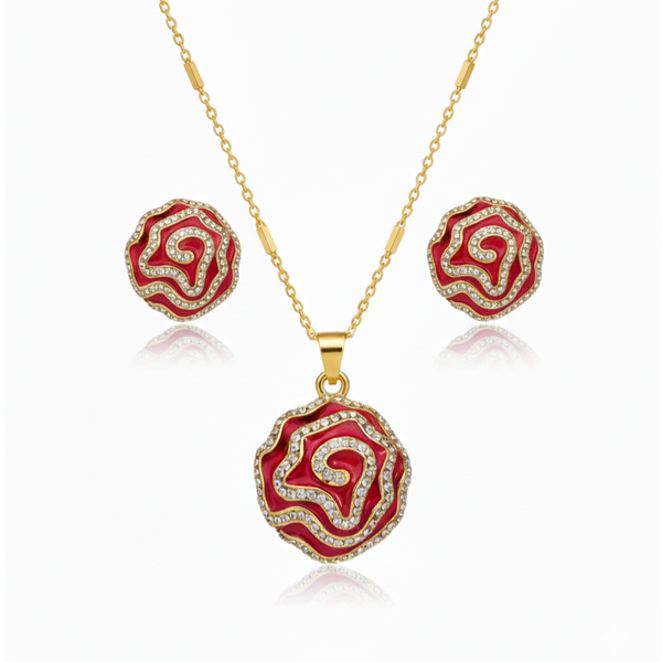 Gold Plated Red Enamel Swirl Pendant Necklace Set for Women | Elegant Party Wear Fashion Jewellery