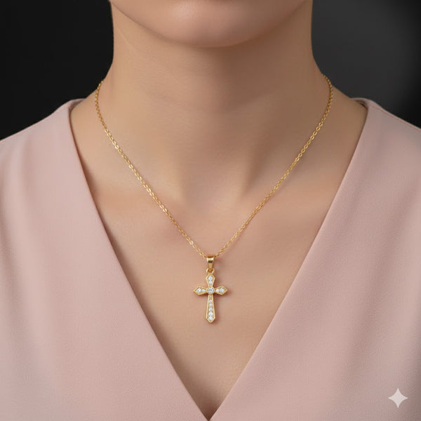 Gold Plated Crystal Cross Pendant Necklace for Women | Elegant Daily Wear Fashion Jewellery