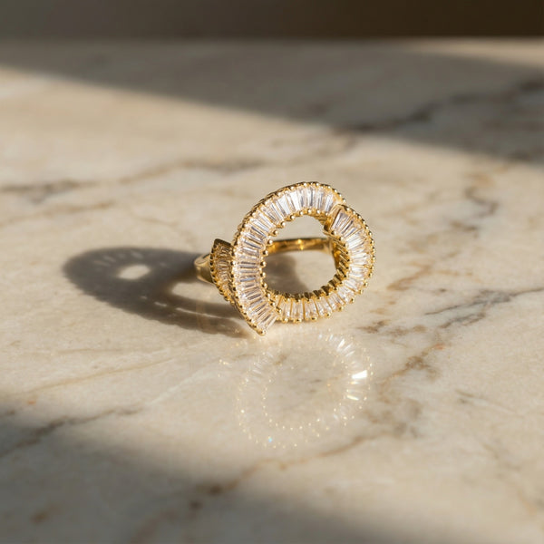 Gold Plated Open Halo Ring with Baguette CZ Stones for Women