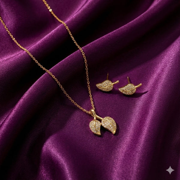 Gold Plated Leaf Pendant Necklace & Earrings Set for Women | Elegant Daily Wear Fashion Jewellery