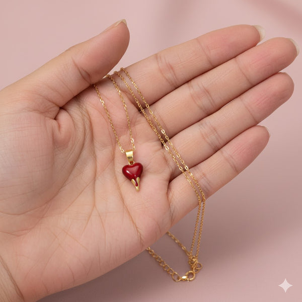 Gold Plated Red Enamel Drip Heart Pendant Necklace for Women & Girls | Cute Trendy Daily Wear Jewellery