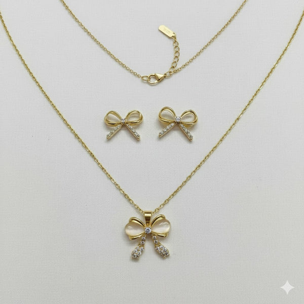 Gold Plated Bow Pendant Necklace & Earrings Set for Women | Cute Elegant Fashion Jewellery