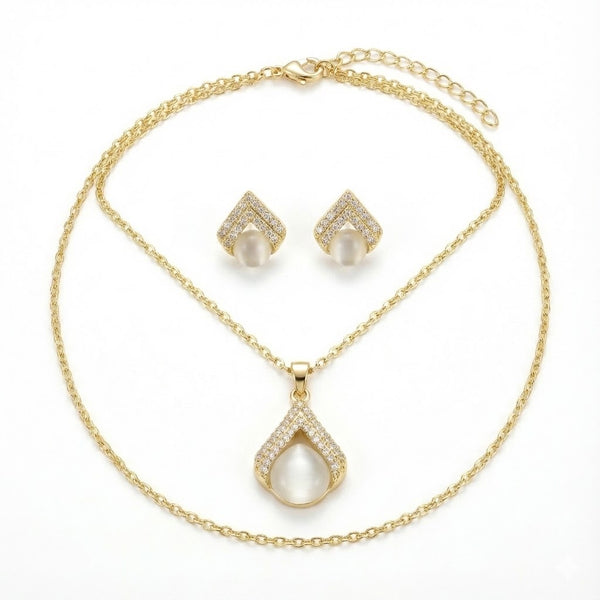 Gold Plated White Stone Pendant Necklace & Earrings Set for Women | Premium Party & Daily Wear Fashion Jewellery