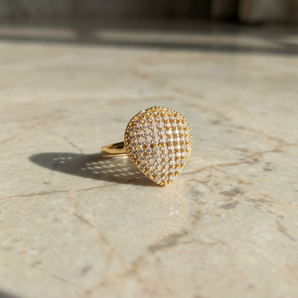 Gold Plated Teardrop Dome Ring with Crystal Stones for Women