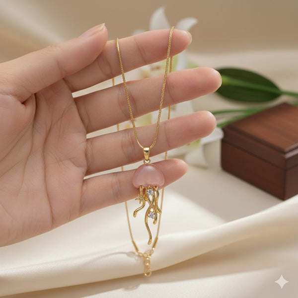 Gold Plated Jellyfish Pendant Necklace with Pink Stone | Elegant Ocean-Inspired Jewellery for Women & Girls