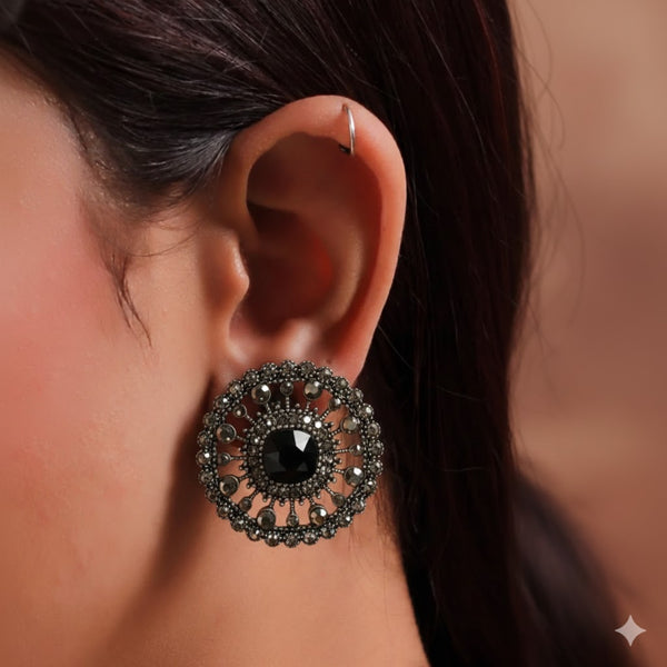 Antique Silver Black Stone Stud Earrings for Women