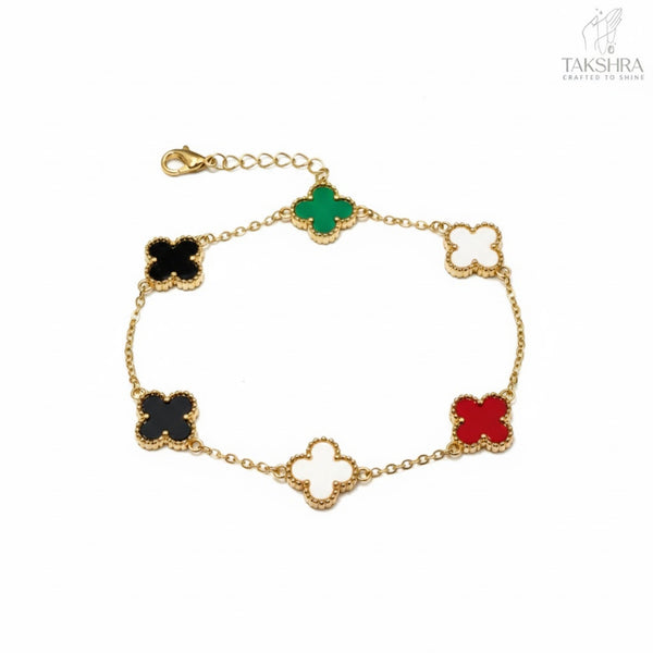 Gold Plated Multicolor Clover Charm Bracelet for Women