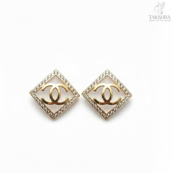 Gold Plated Square Stud Earrings with Crystal Border for Women