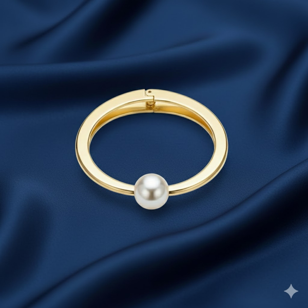 Gold Plated Minimal Pearl Bangle Bracelet for Women