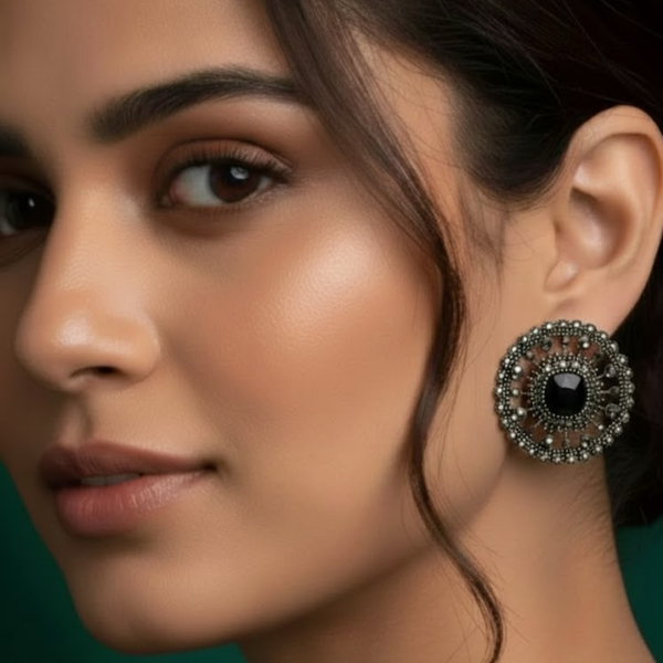 Antique Silver Black Stone Stud Earrings for Women