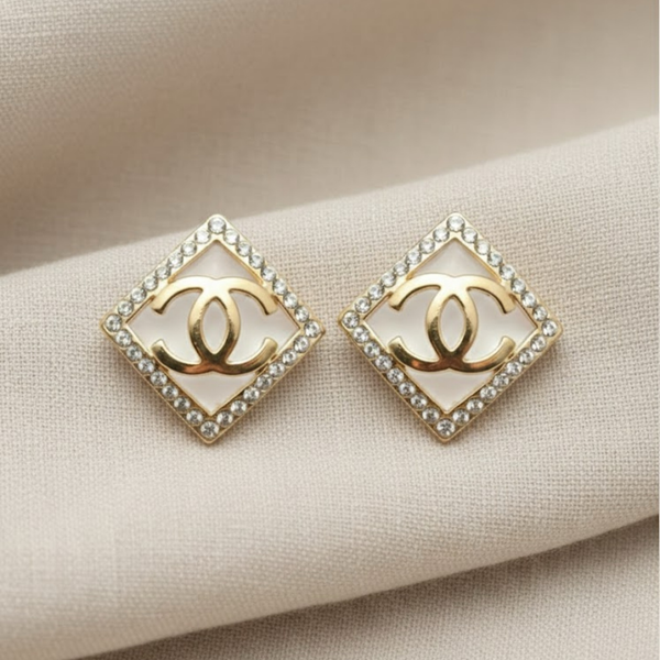 Gold Plated Square Stud Earrings with Crystal Border for Women