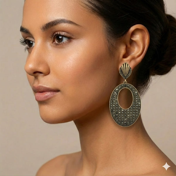 Antique Gold Textured Oval Drop Earrings for Women