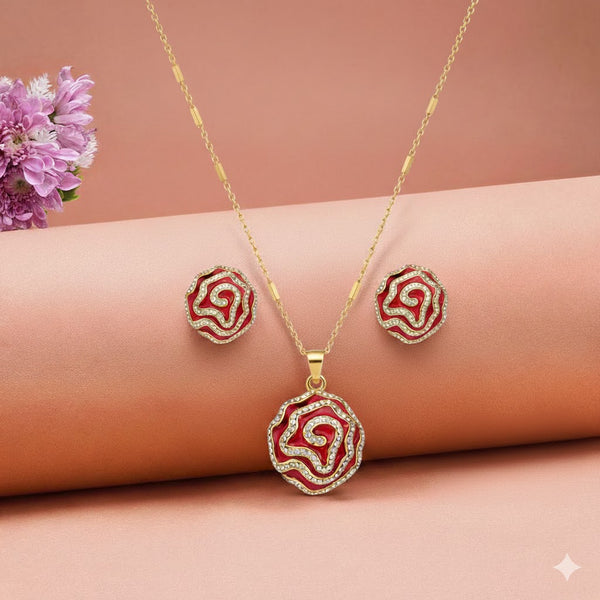 Gold Plated Red Enamel Swirl Pendant Necklace Set for Women | Elegant Party Wear Fashion Jewellery