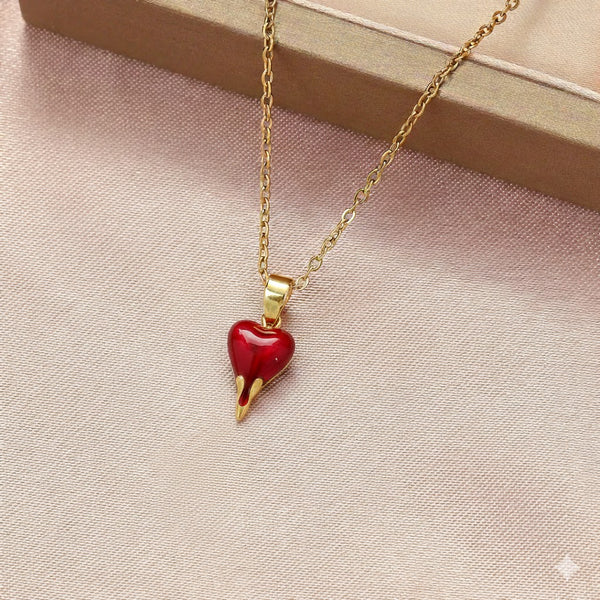 Gold Plated Red Enamel Drip Heart Pendant Necklace for Women & Girls | Cute Trendy Daily Wear Jewellery