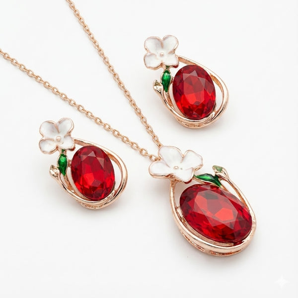 Rose Gold Plated Red Stone Floral Pendant & Earrings Set for Women
