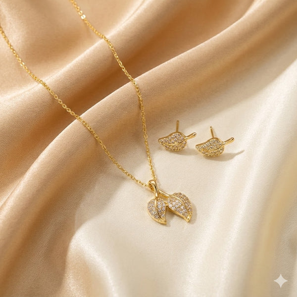 Gold Plated Leaf Pendant Necklace & Earrings Set for Women | Elegant Daily Wear Fashion Jewellery