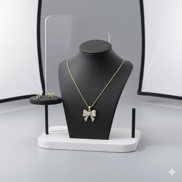 Gold Plated Bow Pendant Necklace and Earrings Set for Women | Elegant Daily Wear Fashion Jewellery