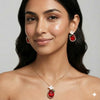 Rose Gold Plated Red Stone Floral Pendant & Earrings Set for Women