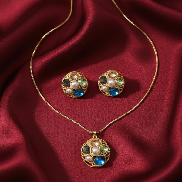 Gold Plated Multicolor Stone Pendant Necklace Set for Women | Elegant Party Wear Fashion Jewellery