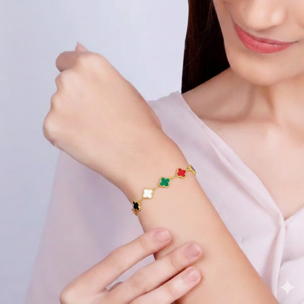 Gold Plated Multicolor Clover Charm Bracelet for Women