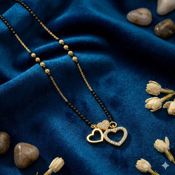 Gold Plated Black Bead Heart Charm Mangalsutra for Women | Elegant Daily Wear Fashion Jewellery