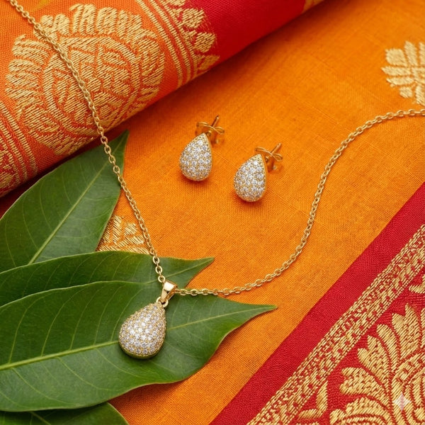 Gold Plated Teardrop Pavé CZ Pendant Necklace & Earrings Set for Women | Festive & Daily Wear Jewellery