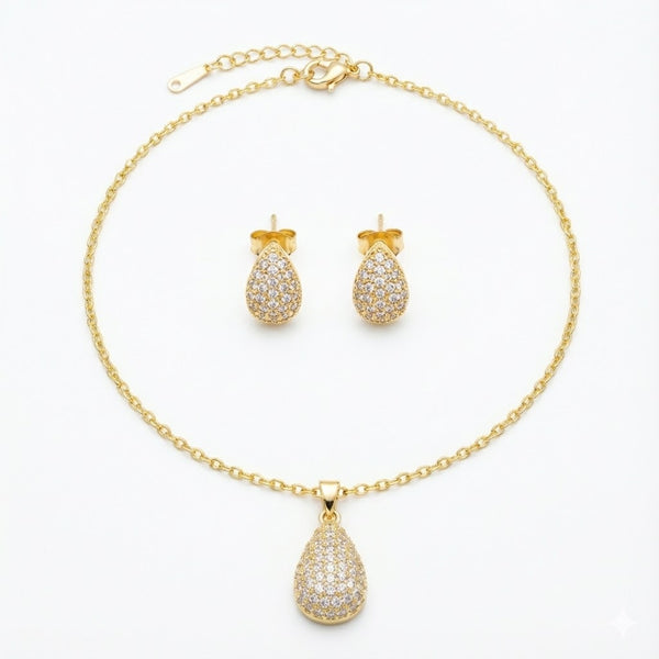 Gold Plated Teardrop Pavé CZ Pendant Necklace & Earrings Set for Women | Festive & Daily Wear Jewellery