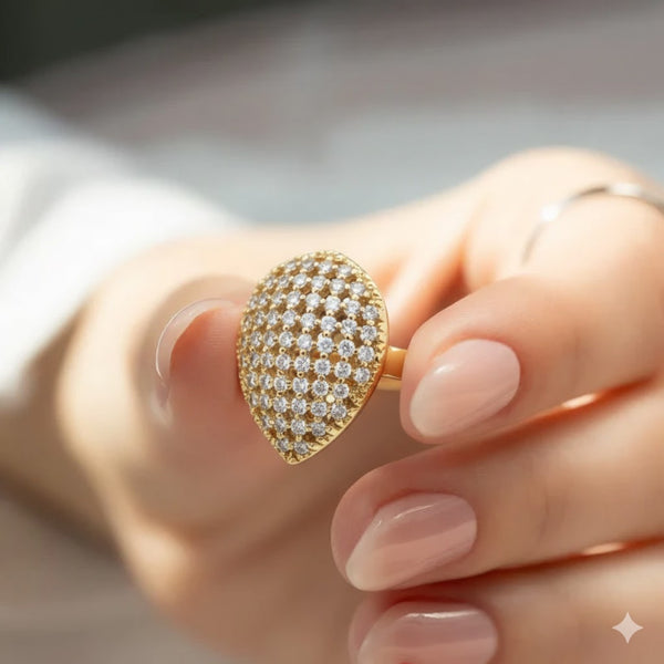 Gold Plated Teardrop Dome Ring with Crystal Stones for Women