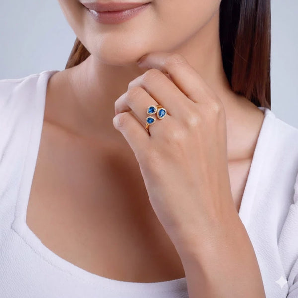 Gold Plated Triple Teardrop Ring with Blue Stones for Women