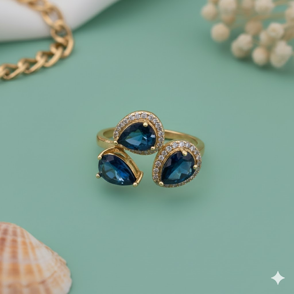 Gold Plated Triple Teardrop Ring with Blue Stones for Women