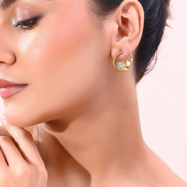 Gold Plated Spiral Hoop Stud Earrings with Crystal Stones for Women